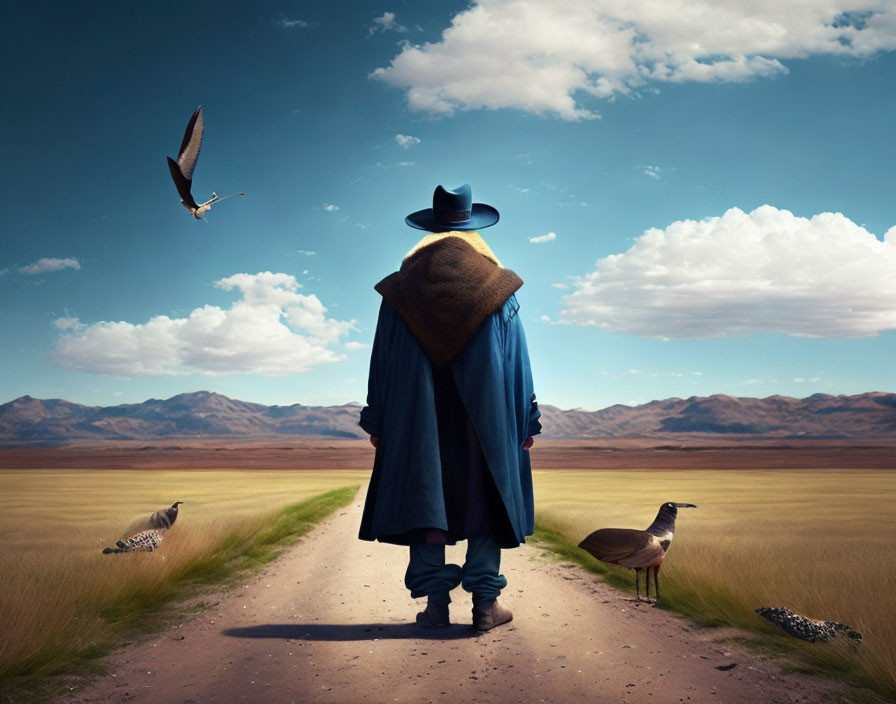 Figure in wide-brimmed hat and cloak on deserted road watching birds in vast plain under dramatic sky