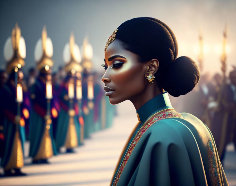 Elegant woman with striking makeup and gold jewelry surrounded by uniformed guards.