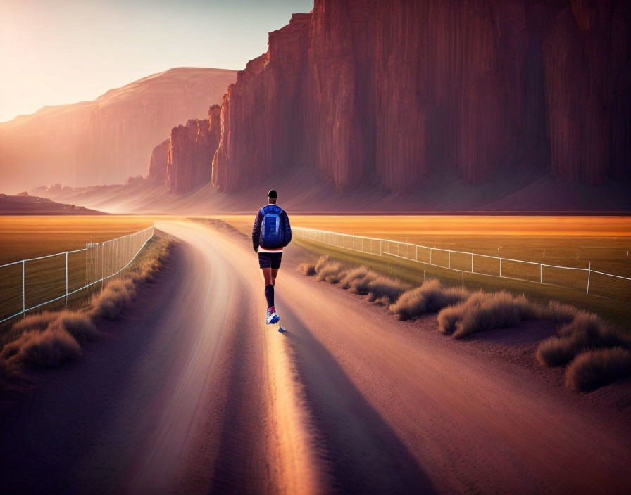 Solitary jogger on winding desert canyon road at sunrise