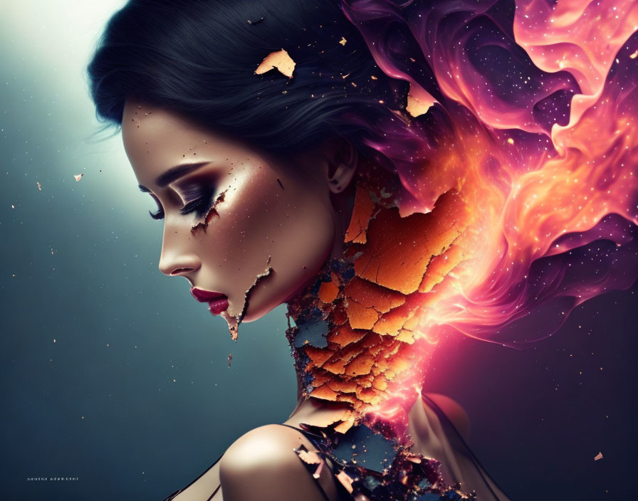 Surreal artistic representation of a woman blending into fiery cosmic background