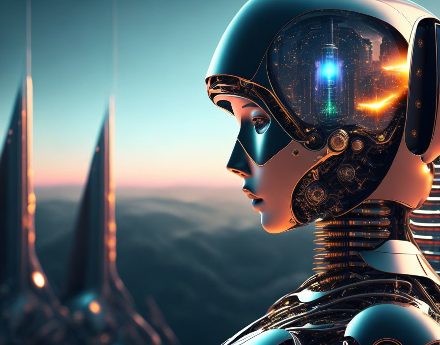 Detailed humanoid robot with reflective face and intricate neck mechanisms overlooking futuristic cityscape at dusk