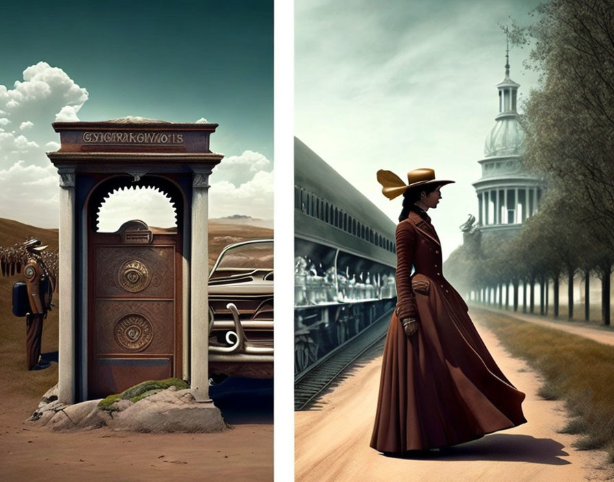 Vintage-style diptych: ornate wooden booth in desolate landscape and elegantly dressed woman at