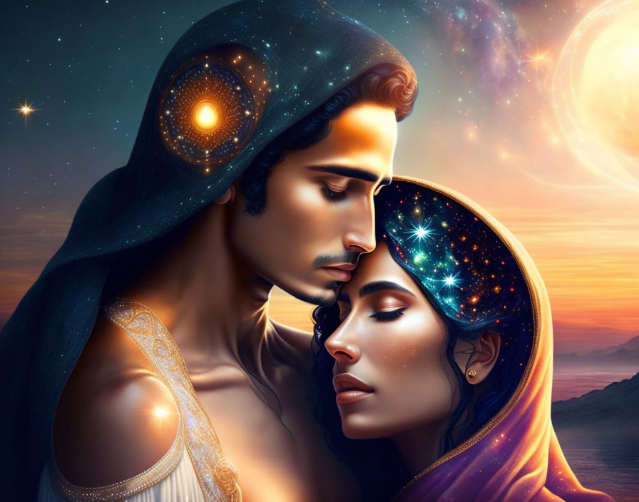 Cosmic-themed digital artwork of couple with starry silhouettes