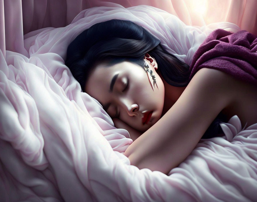 Dark-haired woman peacefully sleeping with intricate earpiece in soft pink blankets