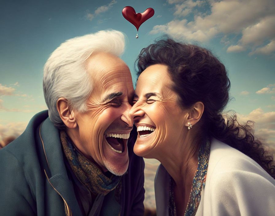 Elderly couple laughing under heart-shaped balloon