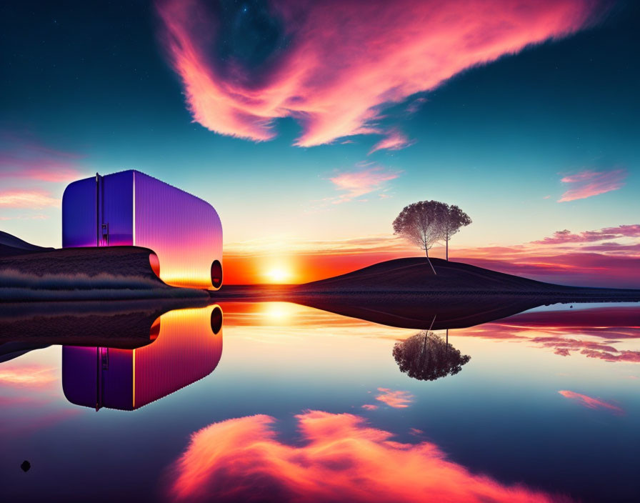 Vivid sunset with pink clouds reflected in water, futuristic building, solitary tree.