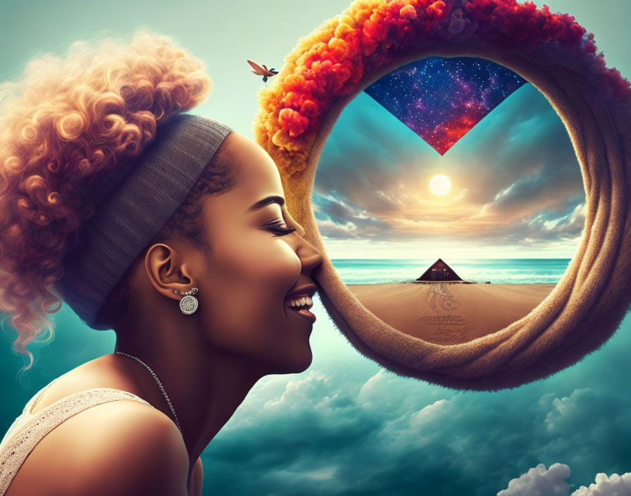 Surreal portrait of woman with beach and pyramid portal in hair