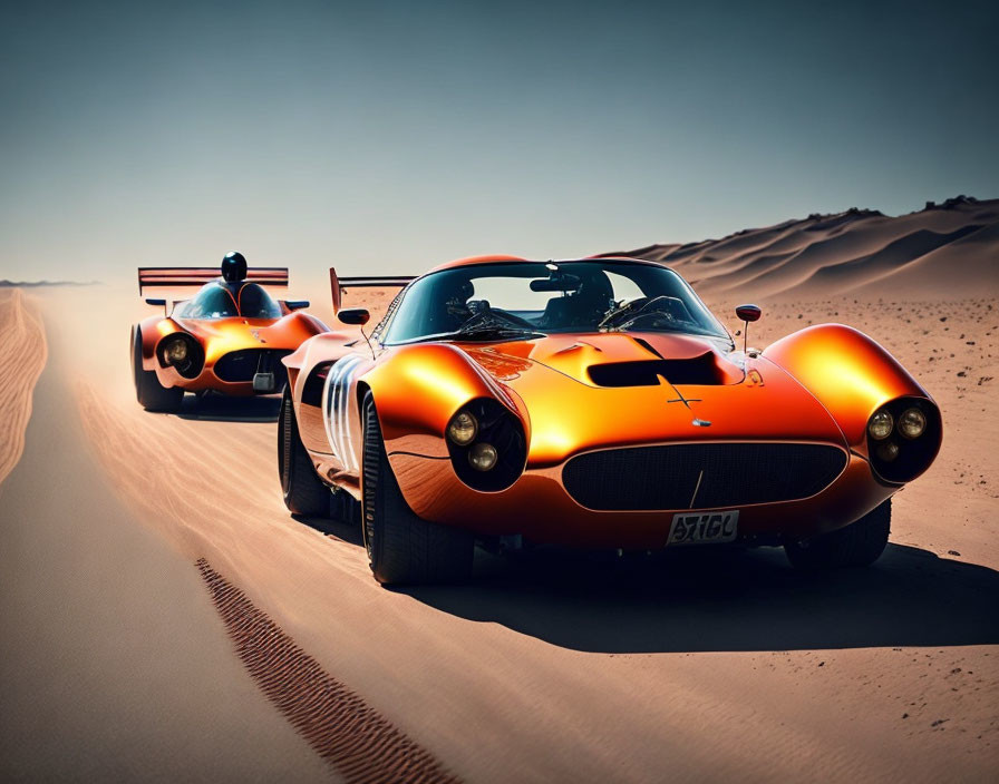 Vintage sports cars racing on desert road under clear sky