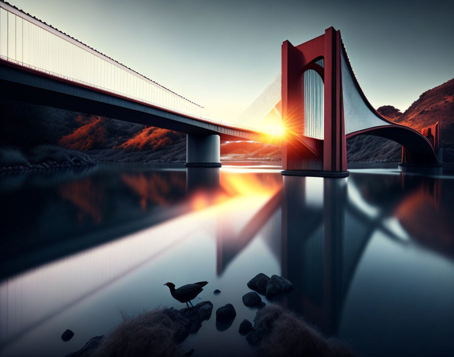 Tranquil sunset scene with modern bridge silhouette and bird by calm waters