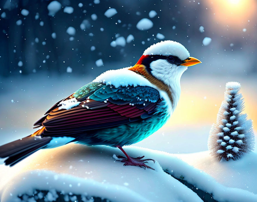 Colorful bird perched on snowy branch with falling snowflakes and small snow-covered tree