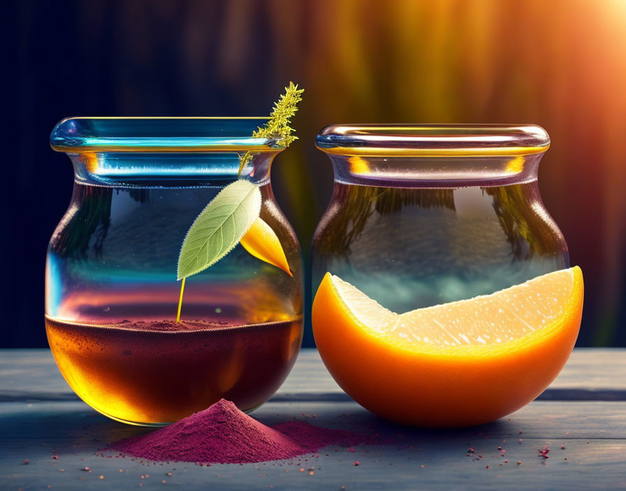 Glass jars with liquids, green leaf, flower bud, sliced orange, spilled powder against sunset backdrop.