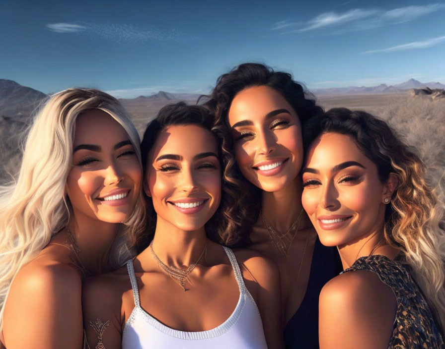 Group of women posing for selfie in desert with blue skies.