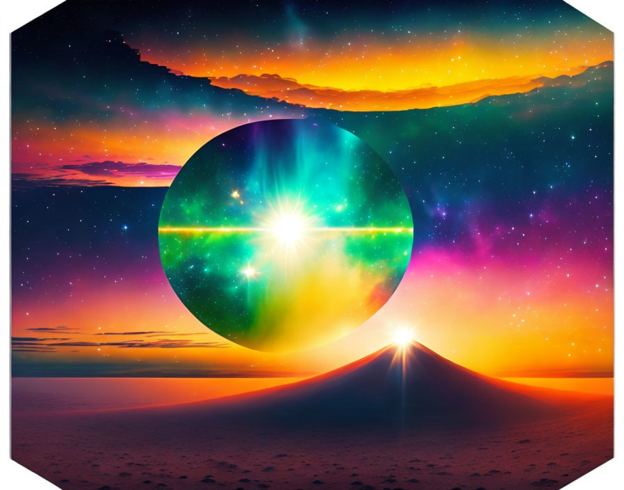 Colorful cosmic landscape with desert sunset, mountain peak, and radiant celestial body.