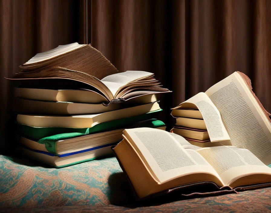 Stack of Hardcover Books on Patterned Surface with Warm Light Background