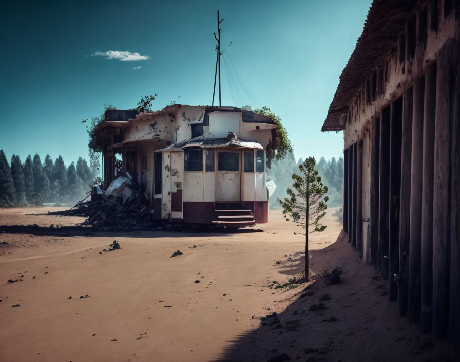 Desert Abandoned Diner Surrounded by Debris and Wooden Structures