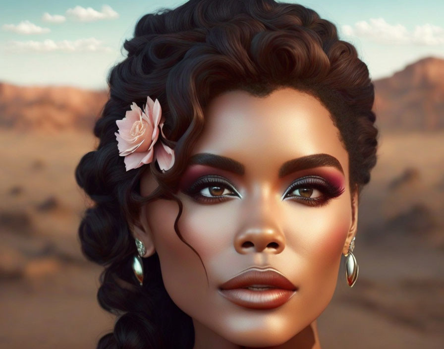 Portrait of woman with striking makeup and curly hair in desert setting