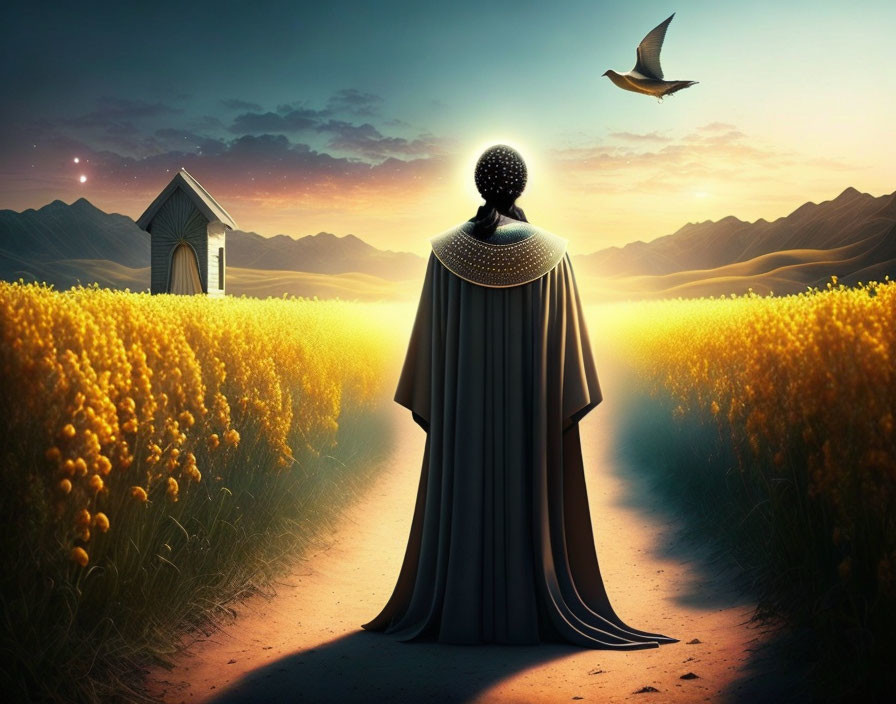 Mysterious figure in cloak on path through golden field at sunset