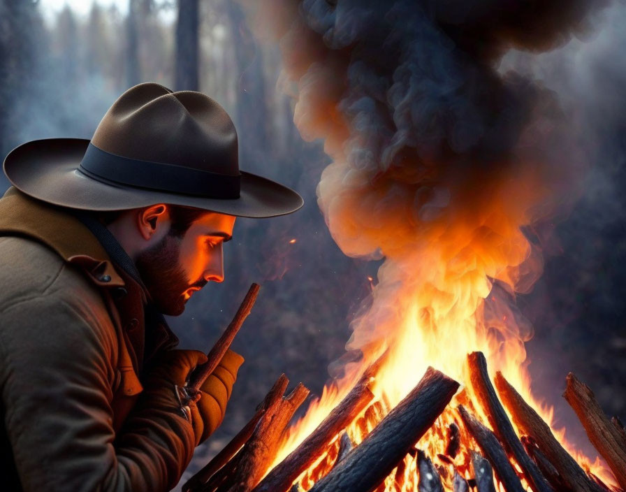 Man in hat gazes at campfire with smoke plume in twilight forest