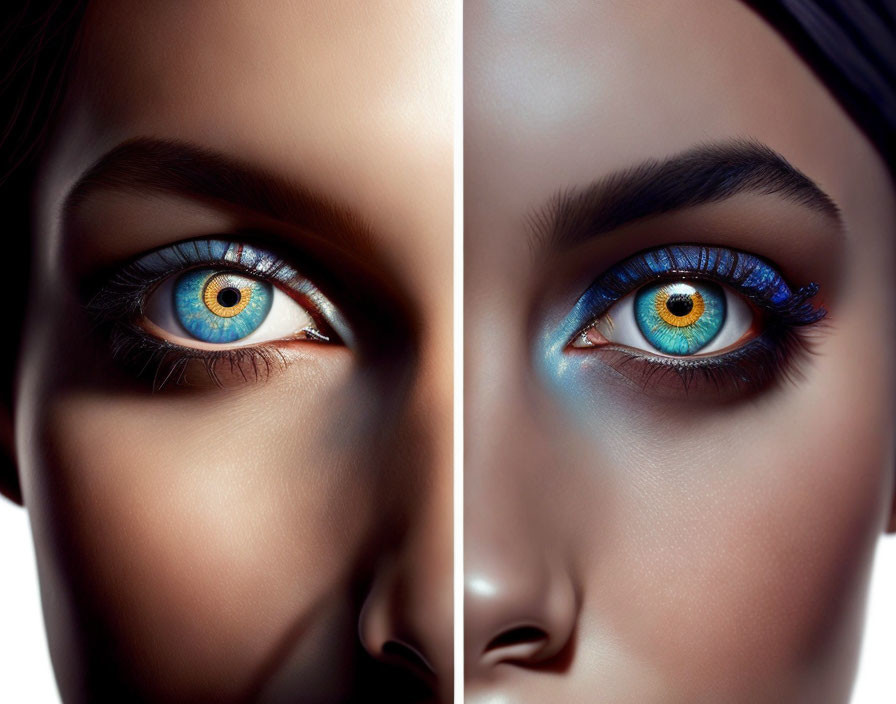 Close-up images of woman's face with natural and bold blue eye makeup