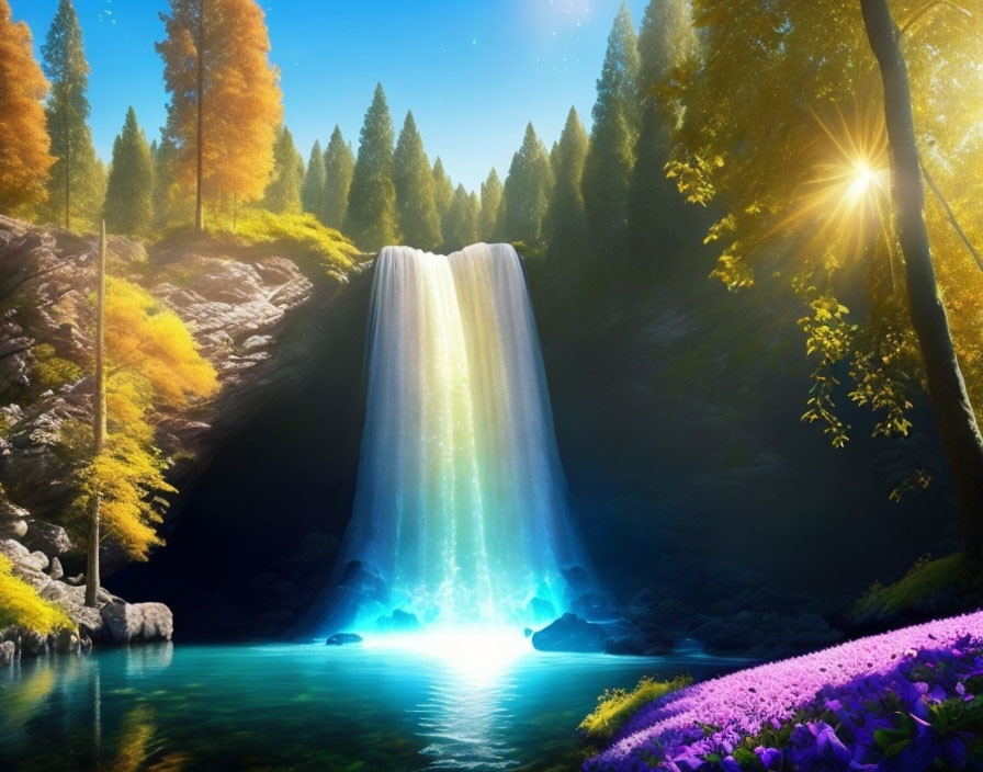 Tranquil waterfall in lush autumnal setting with vibrant blue waters