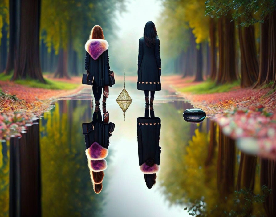 Two women with lantern reflected on water in autumn scene