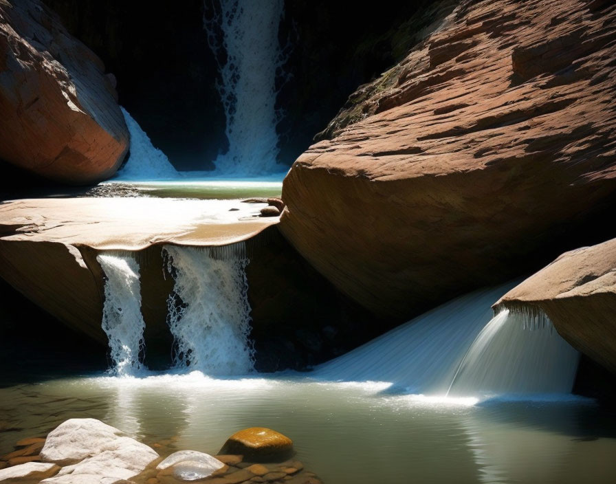 Tranquil waterfall in sunlit canyon with serene pool