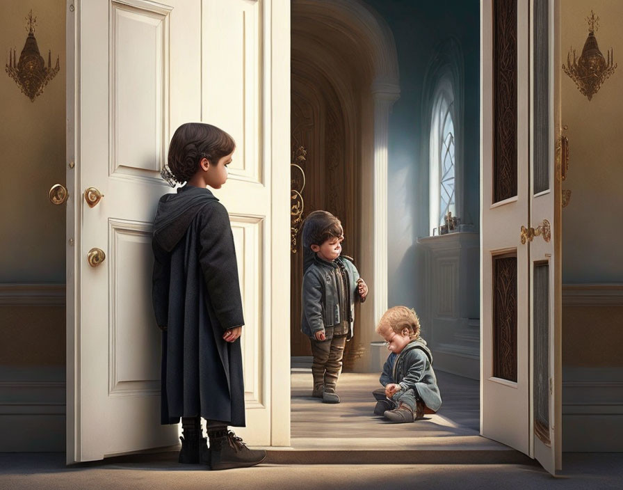 Three children in elegant hallway setting: one standing by open door, one midway, toddler sitting by doorway