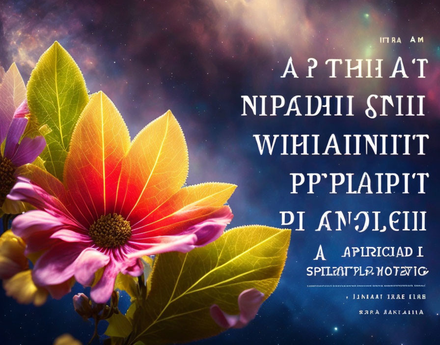 Colorful Flower on Cosmic Background with Multicolored Starry Sky and Armenian-Like Script