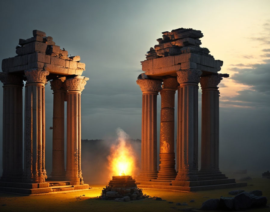 Ancient ruins with towering columns and warm fire glow at dusk