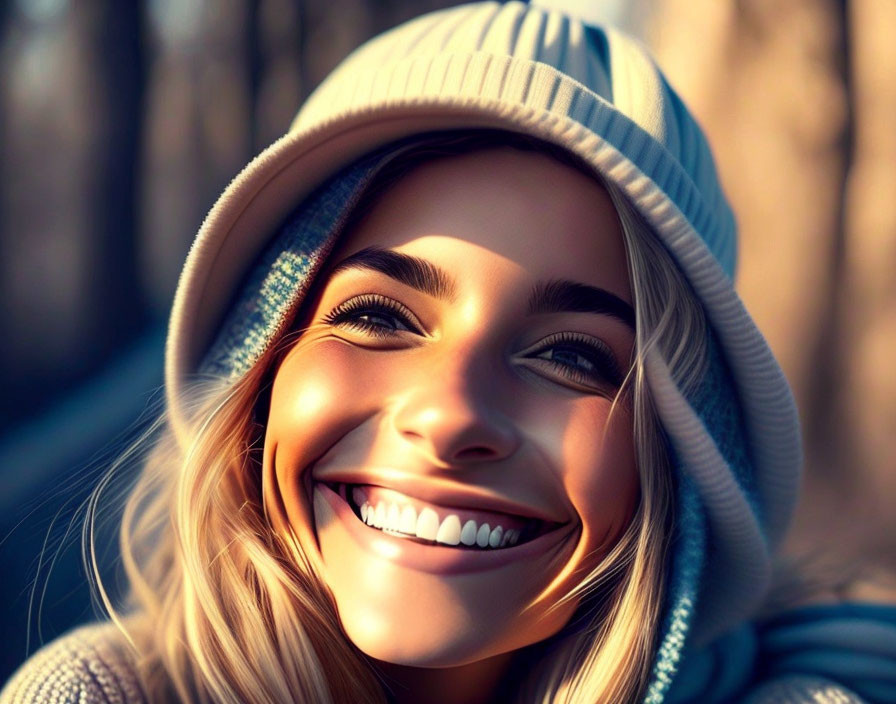 Blond Woman in Beanie with Sparkling Eyes