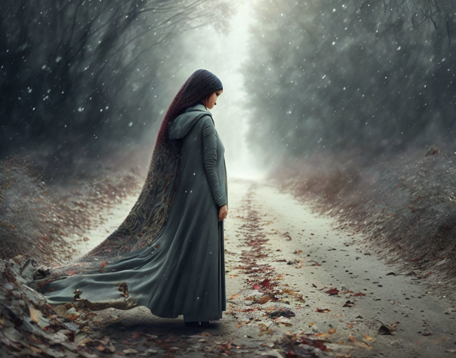 Woman in long dress on forest path with autumn leaves and falling snow