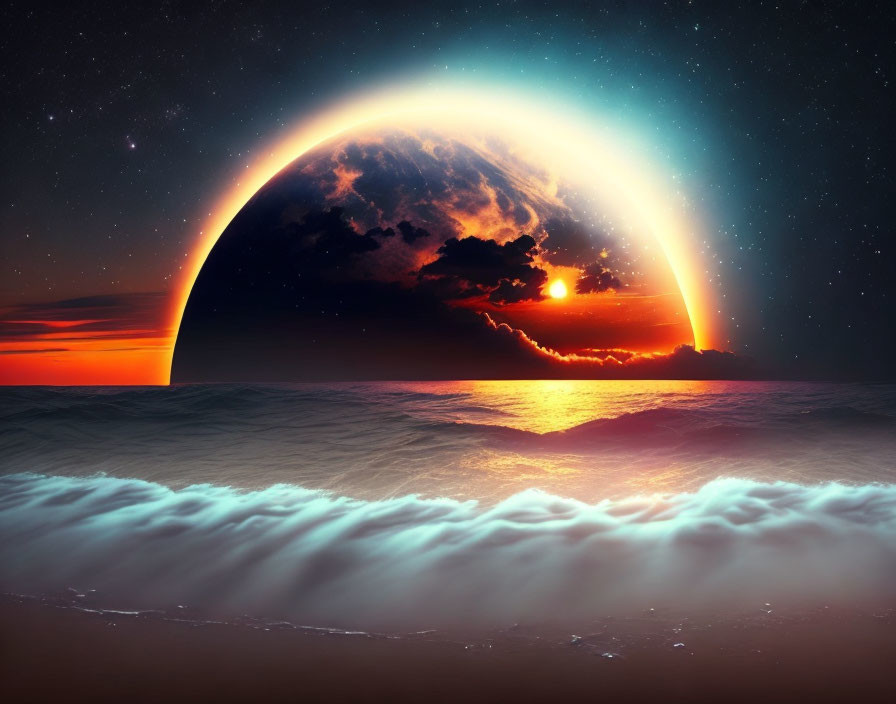 Sunset with a Large Planet on Horizon and Turbulent Ocean