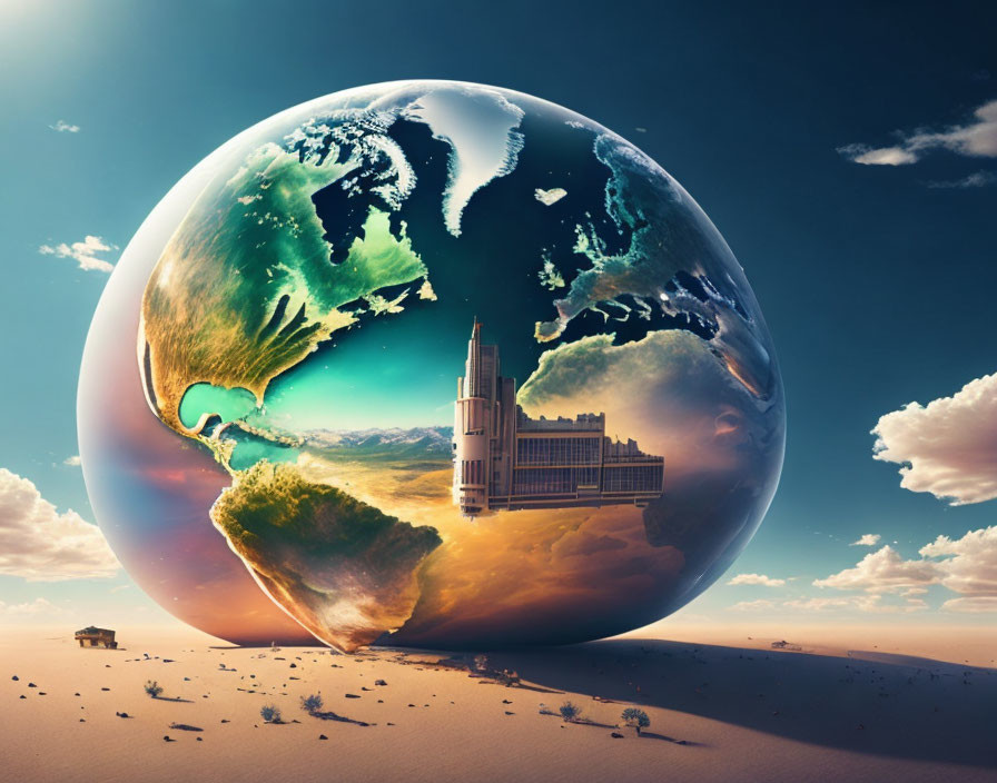 Surreal depiction of Earth as polished sphere with continents against blue sky