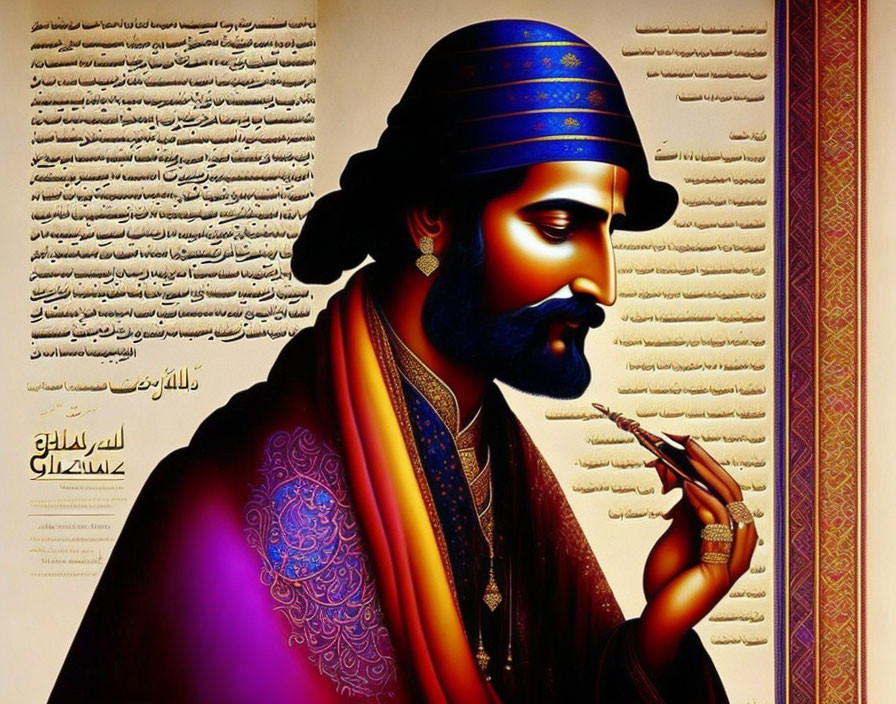 Historical figure in traditional Middle Eastern attire with calligraphy.