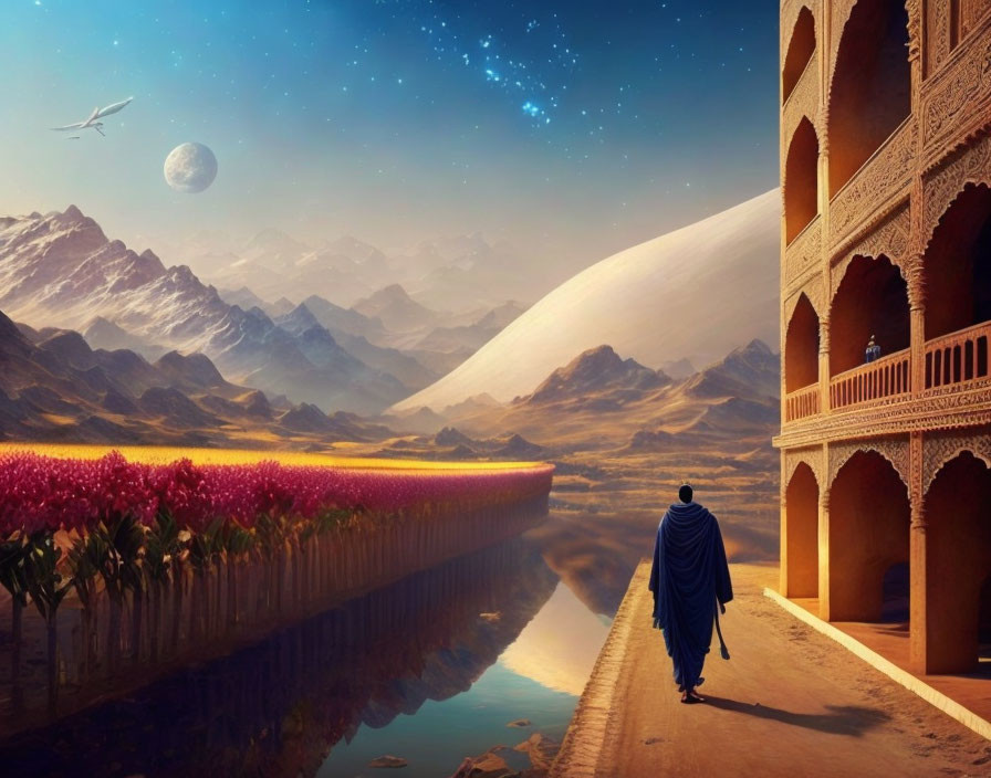 Cloaked Figure Walking by Canal and Ornate Buildings with Mountain and Starry Sky Background