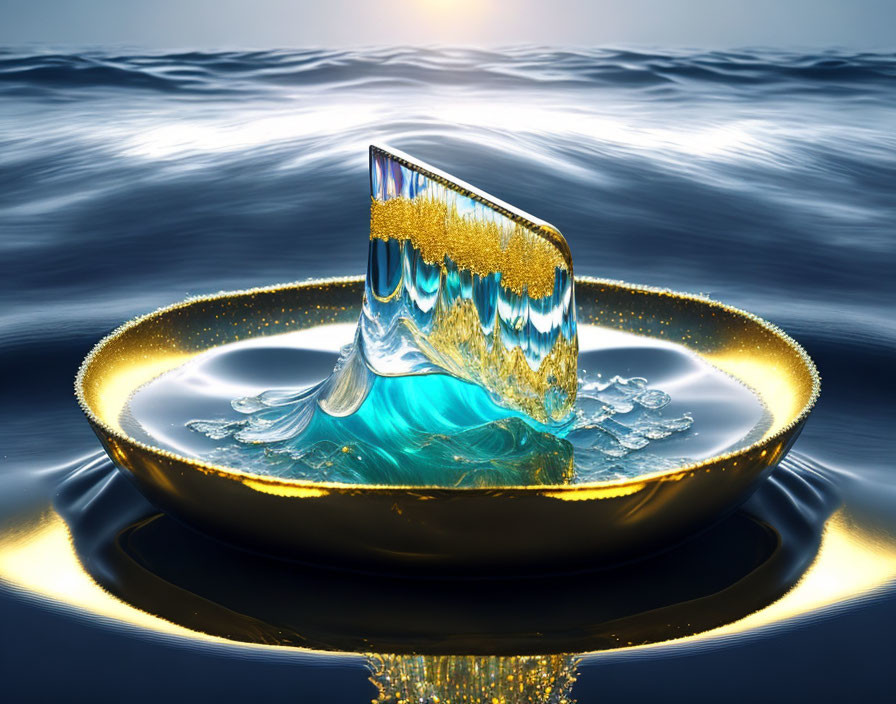 Gold and Blue Liquid Wave Sculpture on Reflective Pedestal