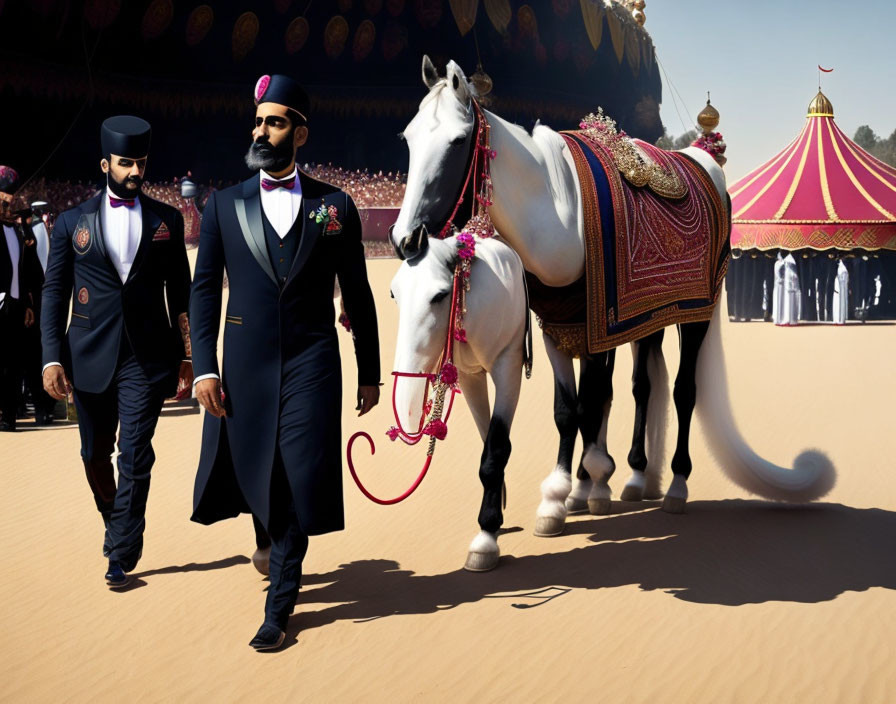 Traditional attire men walking with white horse and tent in background.