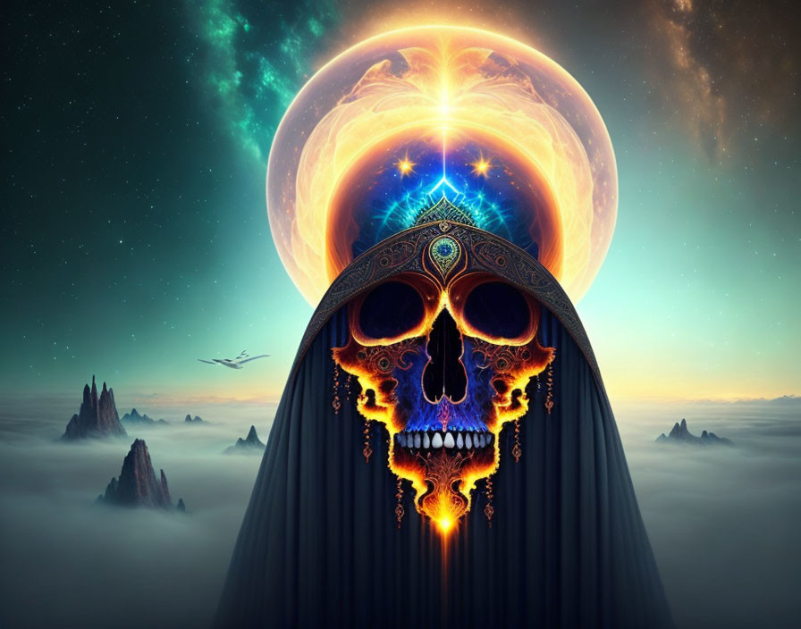 Mystical robed figure with glowing skull face in cosmic mountain scene