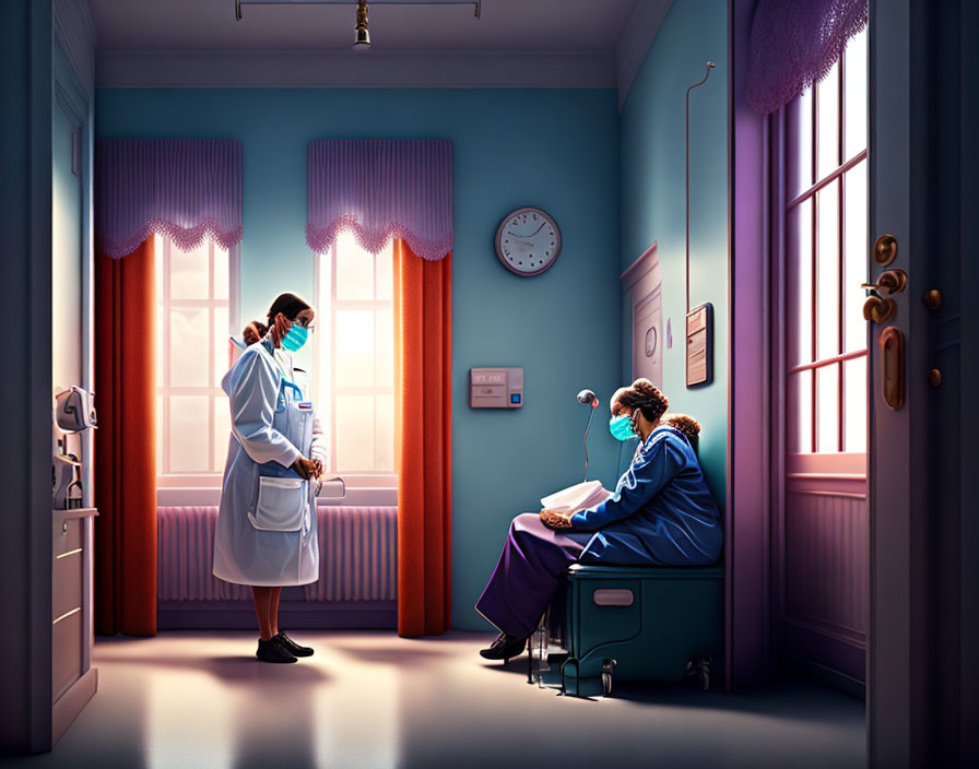 Hospital room scene: Two healthcare professionals in blue scrubs, one by window, one standing