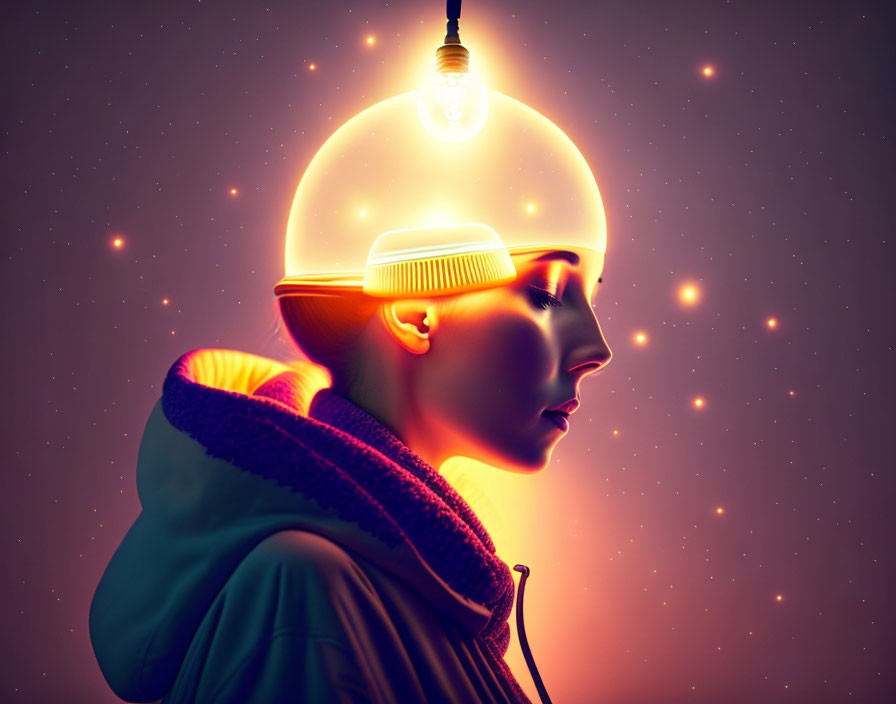 Digital artwork: Woman profile with lightbulb brain on starry background