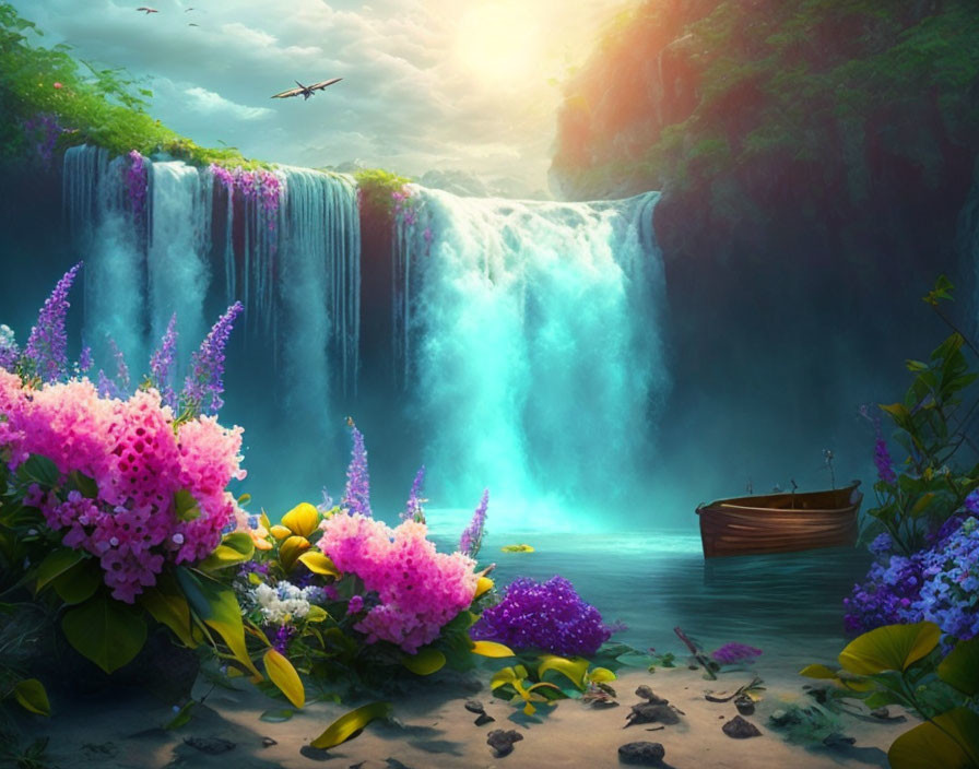 Tranquil waterfall scene with lush greenery, flowers, boat, and bird