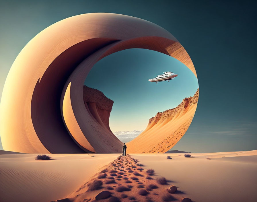 Person in desert views surreal spiral structure with spaceship under blue sky