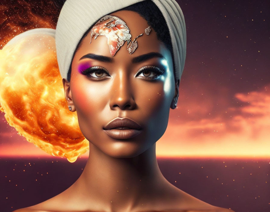 Digital artwork: Woman with striking makeup and headwrap against exploding planet backdrop