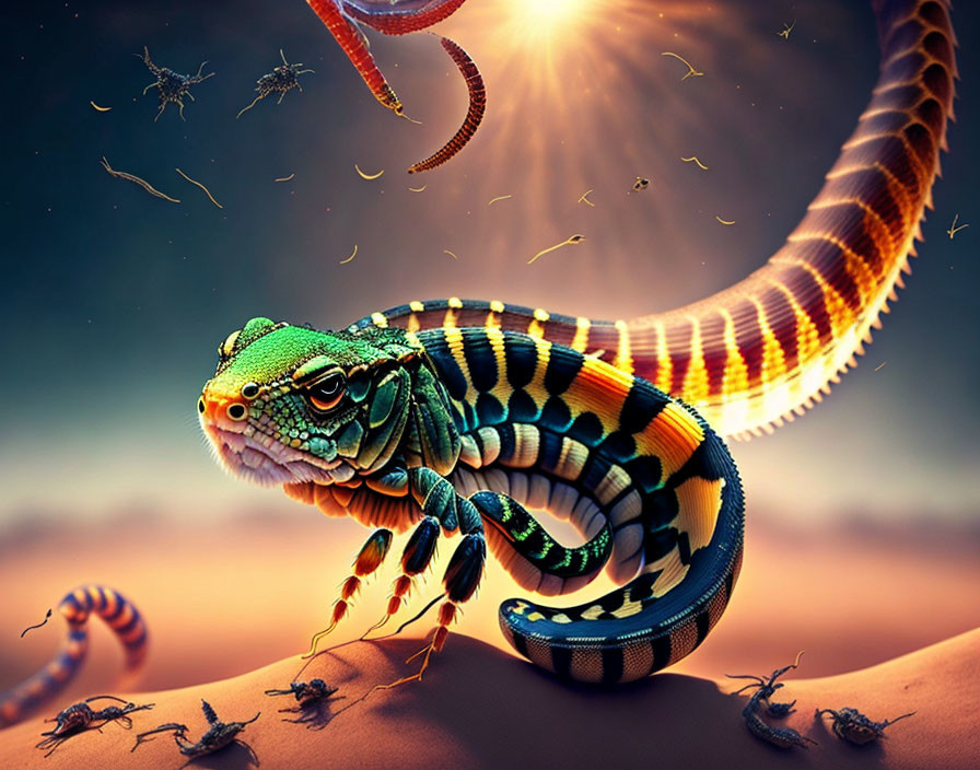 Colorful Fantasy Lizard in Desert Scene with Glowing Sun