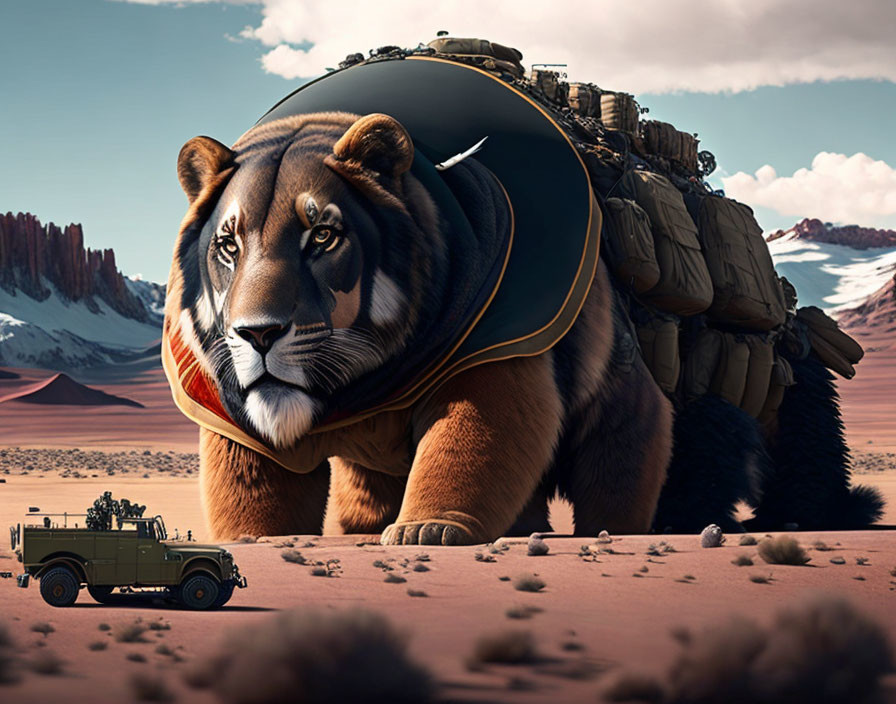 Giant tiger in military gear walking in desert with small vehicle