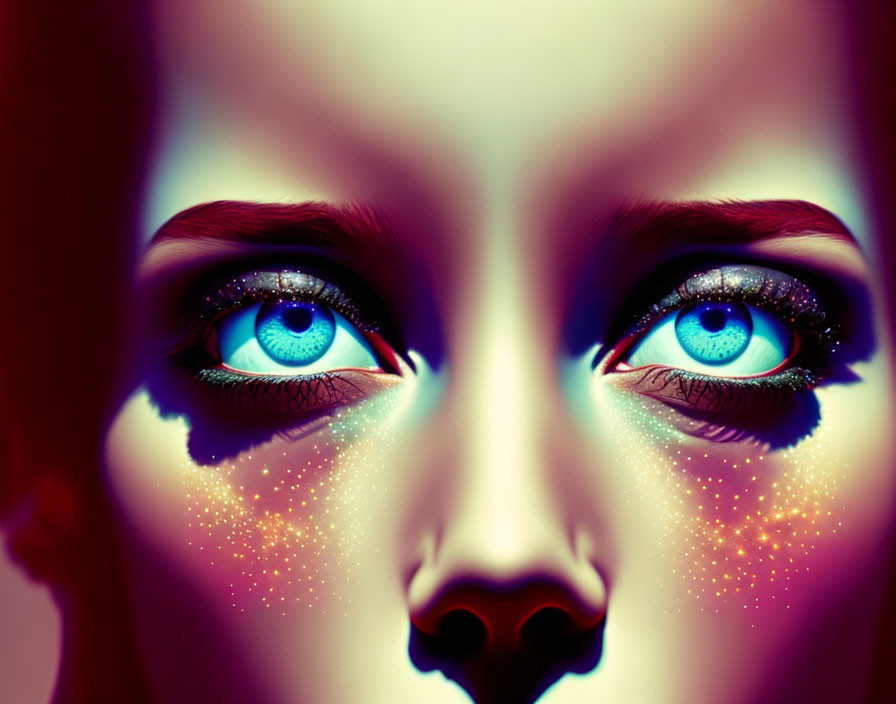 Intensely blue eyes with sparkling makeup under dramatic lighting