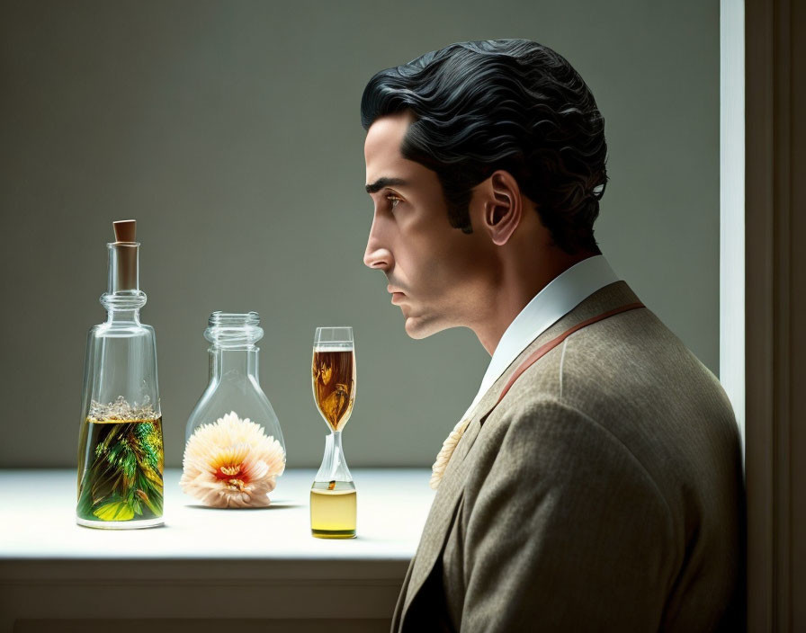 Profile of a man with styled hair near flasks of flowers and whiskey by a window