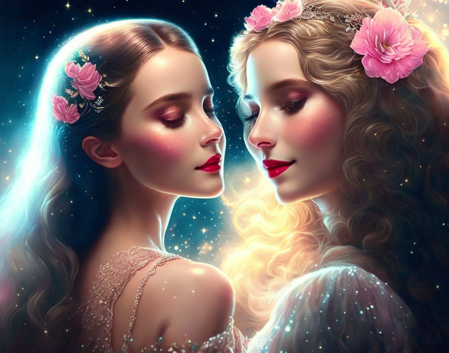 Ethereal women with luminescent skin and floral hair in dreamlike setting