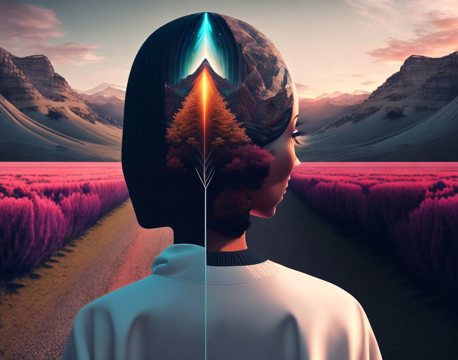 Surreal illustration: person silhouette with mountain landscape and road in head, pink natural background