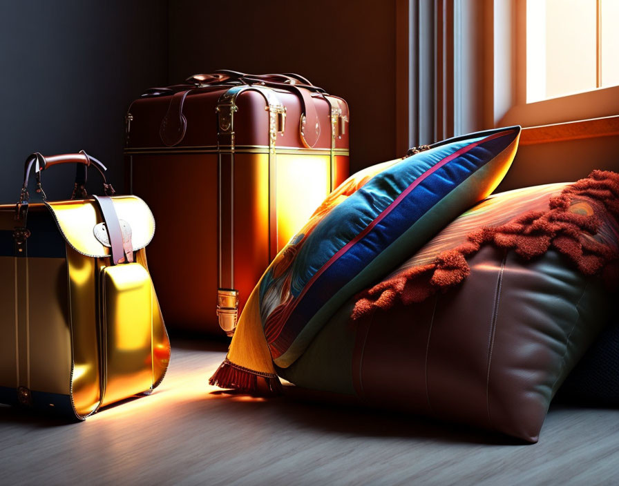 Elegant Luggage Bags and Colorful Pillows in Sunlit Room